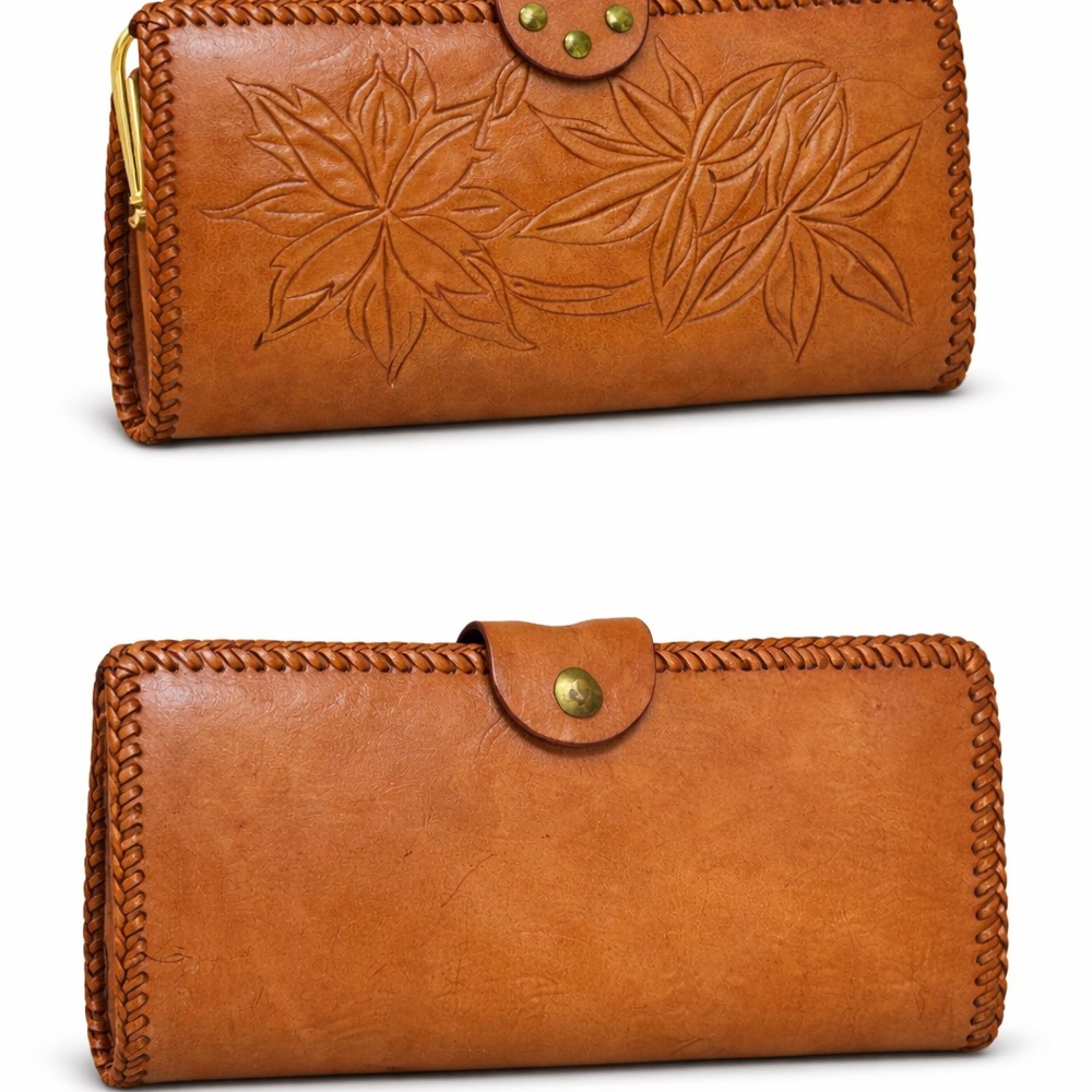 Artisan Hand Tooled Leather Wallet Floral Western Boho Clasp - Picture 4 of 11